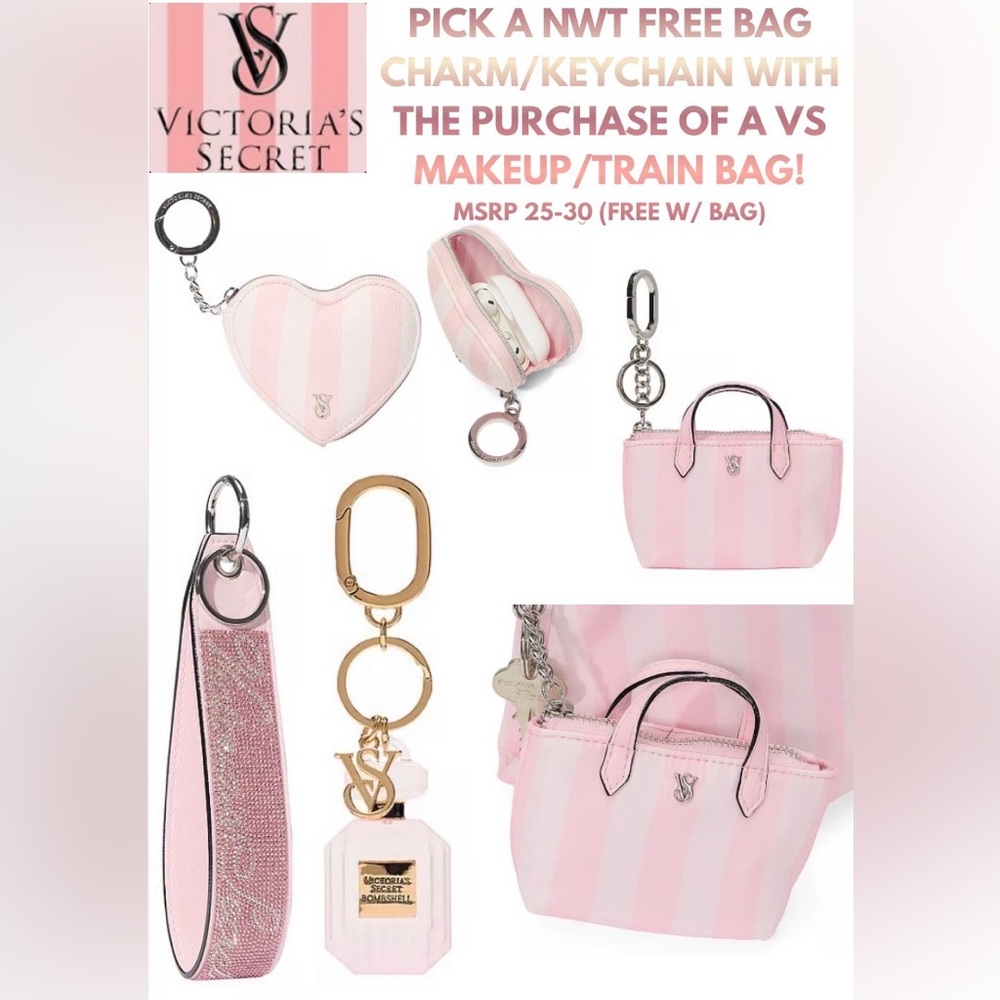 NWT VICTORIA SECRET BAG CHARMS/ KEY CHAINS FREE W/PINK MAKEUP/TRAIN BAG!